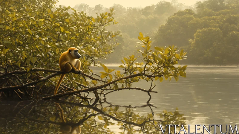 Peaceful Monkey by the Lake AI Image