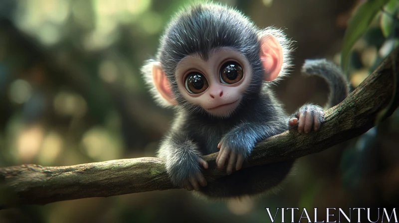 AI ART Cute Young Monkey on Branch