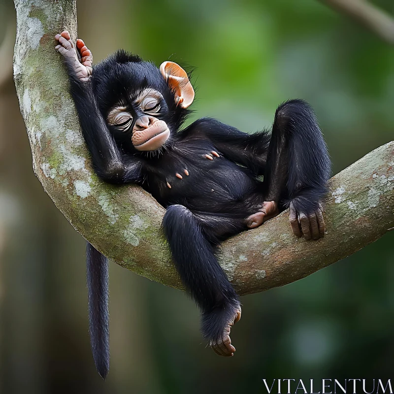 AI ART Serene Young Monkey at Rest on Branch