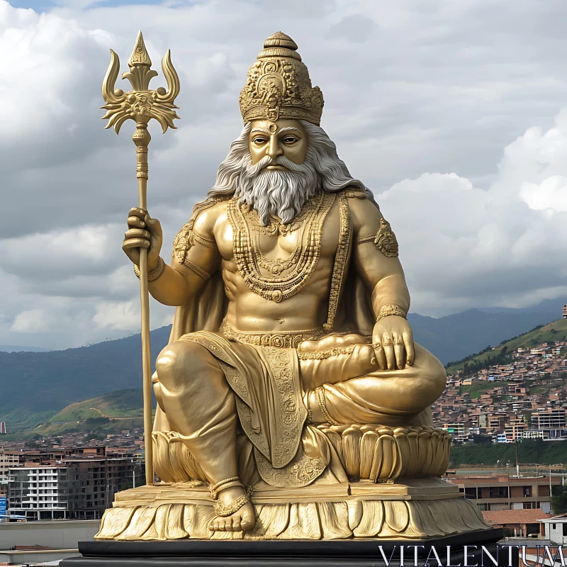 AI ART Golden Deity with Trident Overlooking City