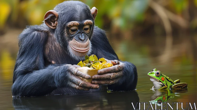 AI ART Chimpanzee and Frog Interaction in Water