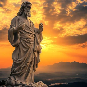 Statue at Sunset with Majestic Sky and Mountains