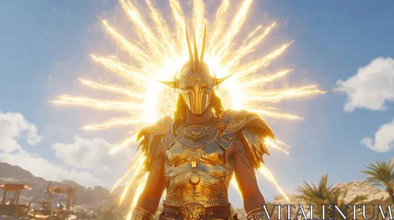 Majestic Warrior in Gold Armor with Sun-like Energy AI Image