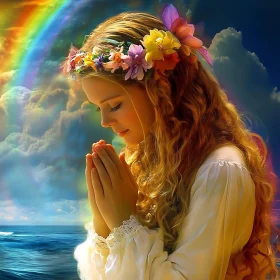 Girl Praying under Rainbow by the Ocean