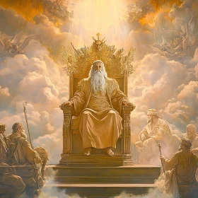 Ethereal Scene of Godlike Figure on Ornate Throne