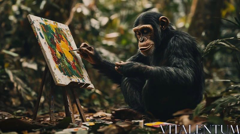 Chimpanzee Engages in Creative Painting in Natural Habitat AI Image