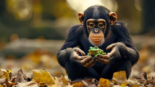 Young Chimpanzee Holding a Frog Amidst Autumn Leaves