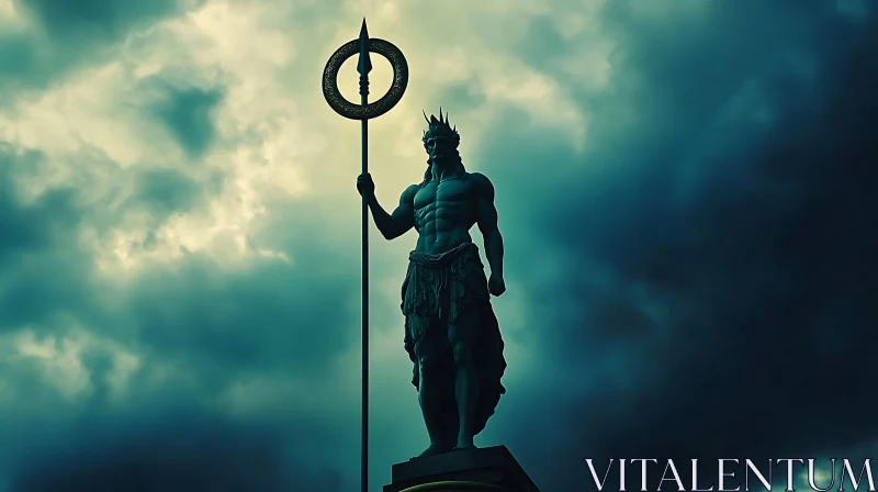 Epic Mythological Figure Under Stormy Skies AI Image