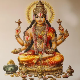 Hindu Deity Adorned in Golden Jewelry and Floral Garlands