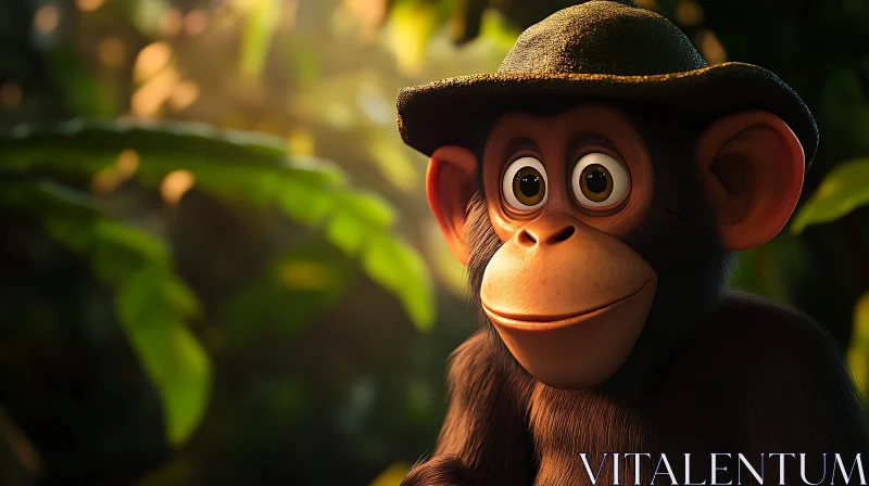 Charming Monkey Wearing Hat Among Jungle Foliage AI Image