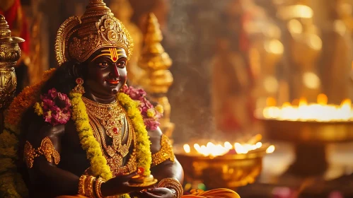 Deity Statue Adorned with Gold and Garland in Temple