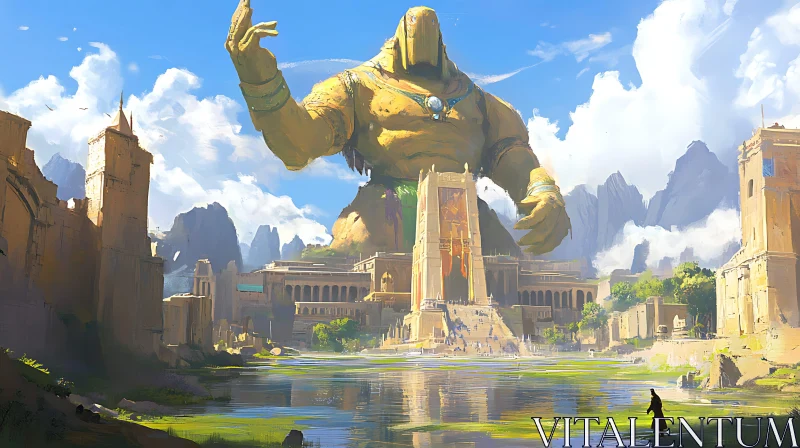 Colossal Statue in Mythical City Landscape AI Image