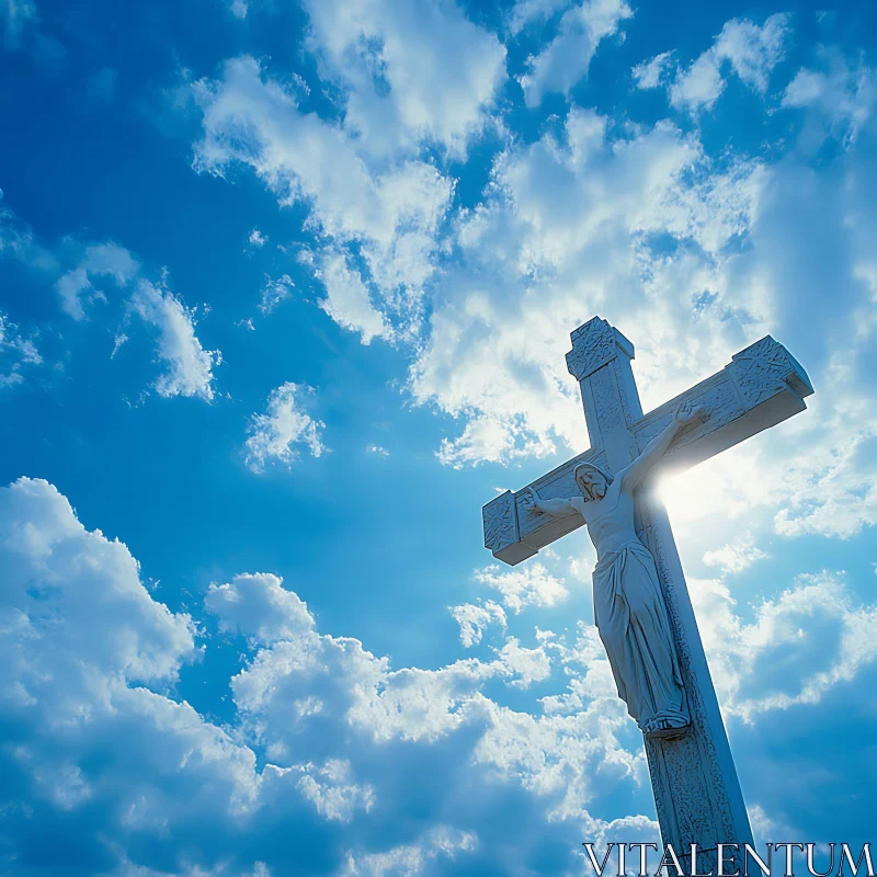 Stone Cross with Jesus Illuminated by Sunlight AI Image