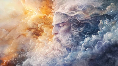 Divine Face in Clouds with Lightning and Cosmos