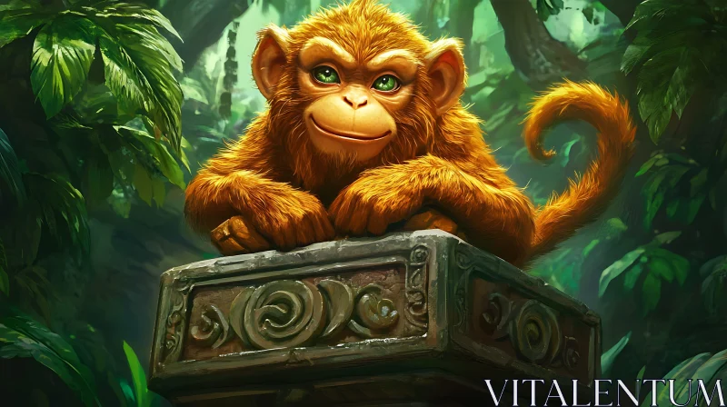 Bright Orange Monkey in Dense Green Forest AI Image