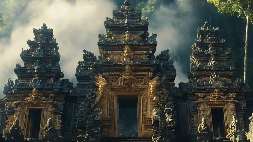 Intricate Stone Temple Amidst Foggy Wilderness