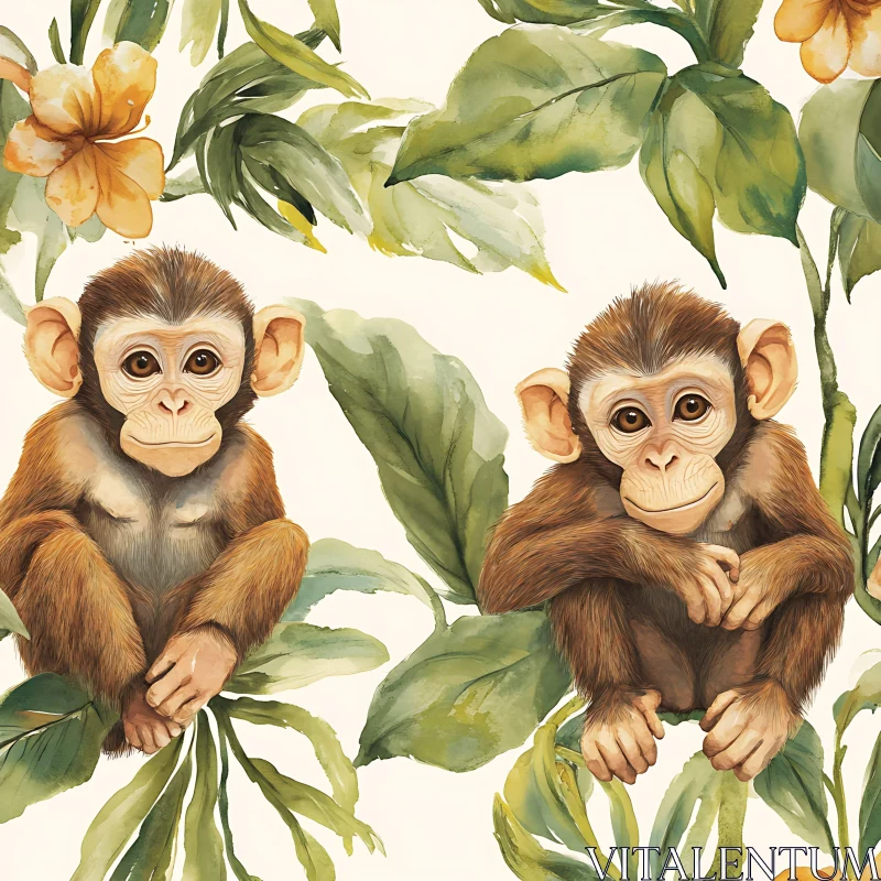 Playful Monkeys Among Leaves AI Image