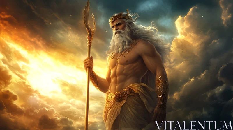 Ancient Deity with Trident Amidst Dramatic Clouds AI Image