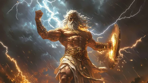 Mythical Deity Wielding Lightning and Shield