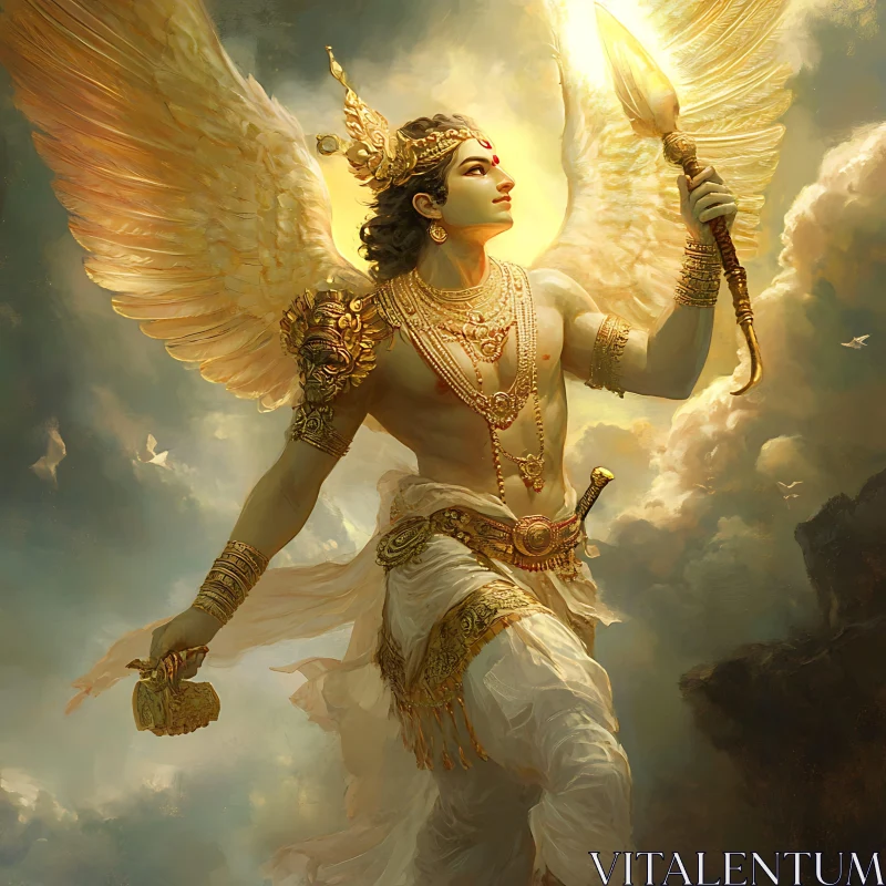 Golden Winged Deity in Mystical Sky