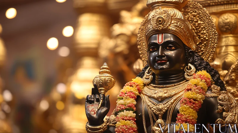 Beautiful Hindu Deity Sculpture with Gold and Flowers Beautiful Hindu Deity Sculpture with Gold and Flowers