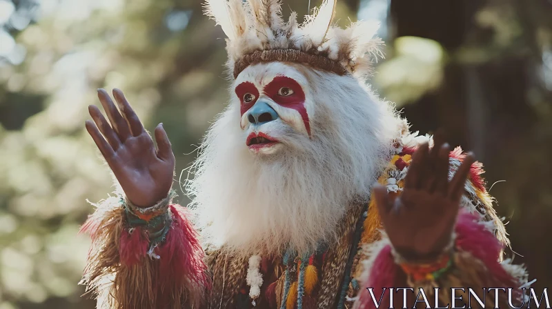 Person in Vibrant Tribal Attire with Face Paint AI Image