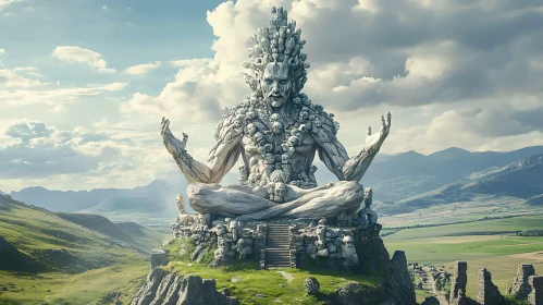 Mythical Stone Colossus Amid Rolling Hills