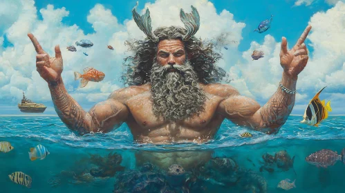 Powerful Sea Deity in Ocean with Fish