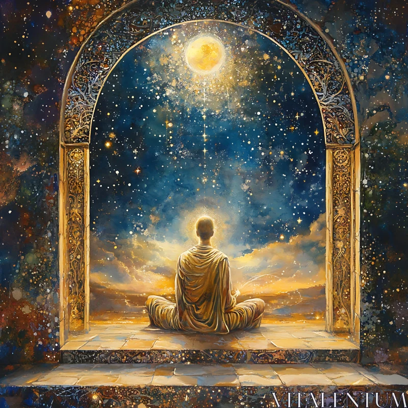 Serene Meditation under a Starry Night AI Image