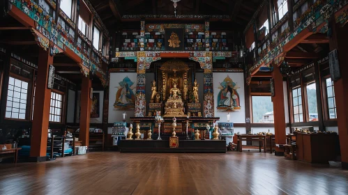 Intricately Decorated Temple Interior with Golden Altar