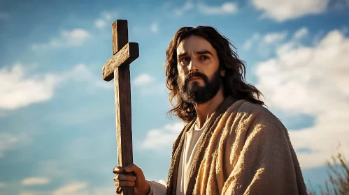 Religious Figure with Wooden Cross Image