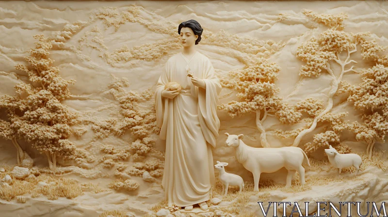 Serene Ivory Relief of Woman and Goats AI Image