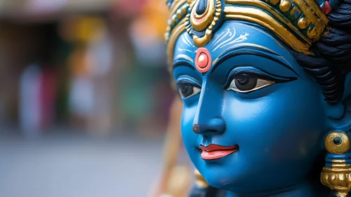 Detailed Blue Face Sculpture with Golden Ornaments