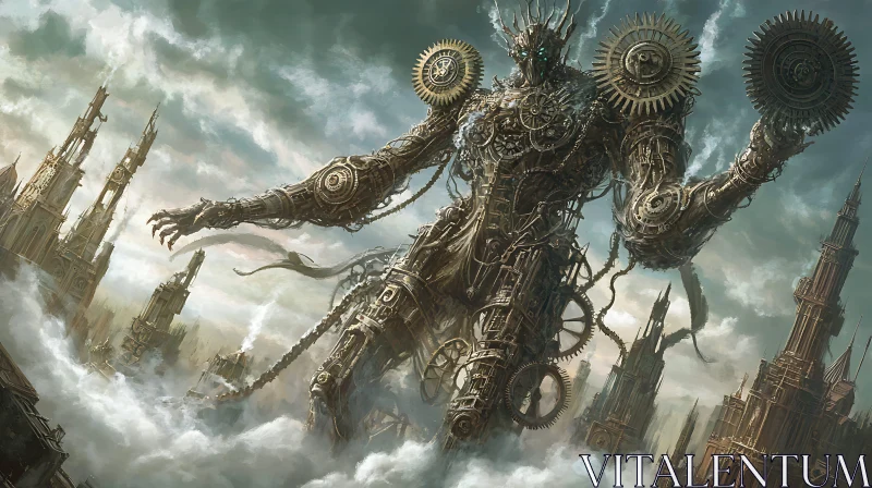 Gothic City Overlooked by Steampunk Mechanical Giant AI Image