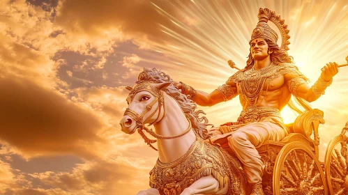 Warrior Statue with Chariot in Radiant Sunlight