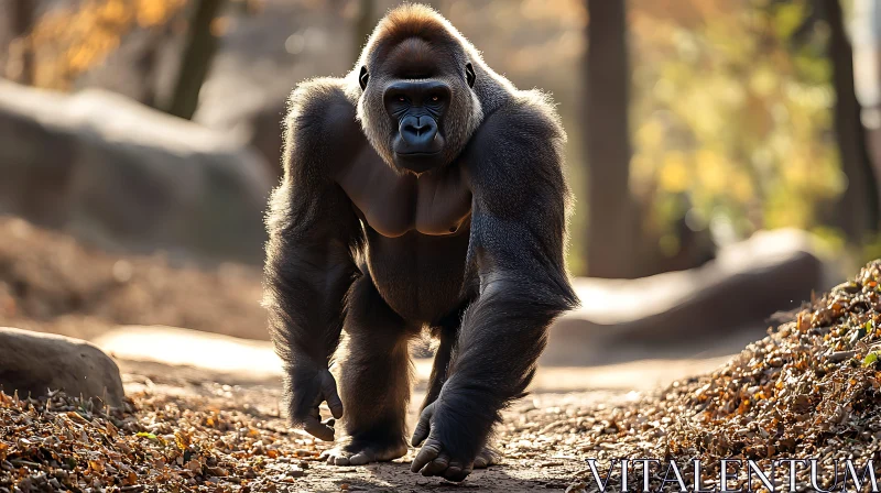 Powerful Gorilla on a Leafy Path AI Image