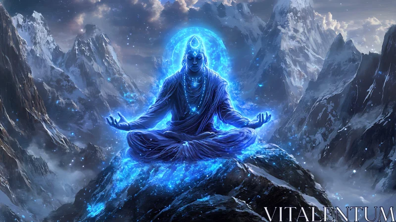 AI ART Serene Meditator with Blue Energy in Mountainous Landscape