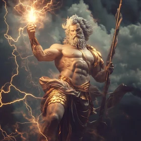 Mythical Deity With Lightning in Stormy Sky