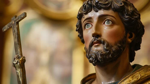 Bronze Bust with Cross and Religious Background