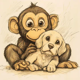 Adorable Friendship between Monkey and Puppy