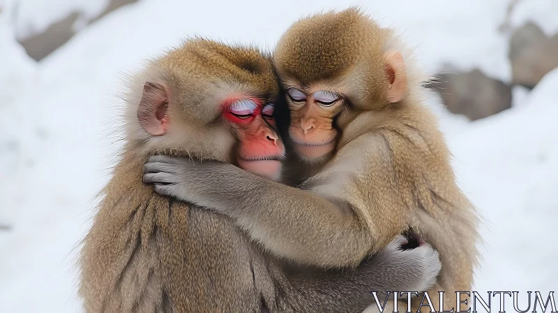 Monkeys Hugging in the Snow AI Image