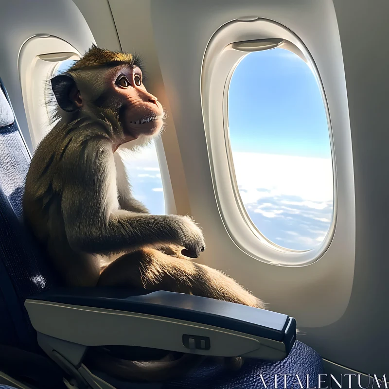 Contemplative Monkey on Plane Seat AI Image