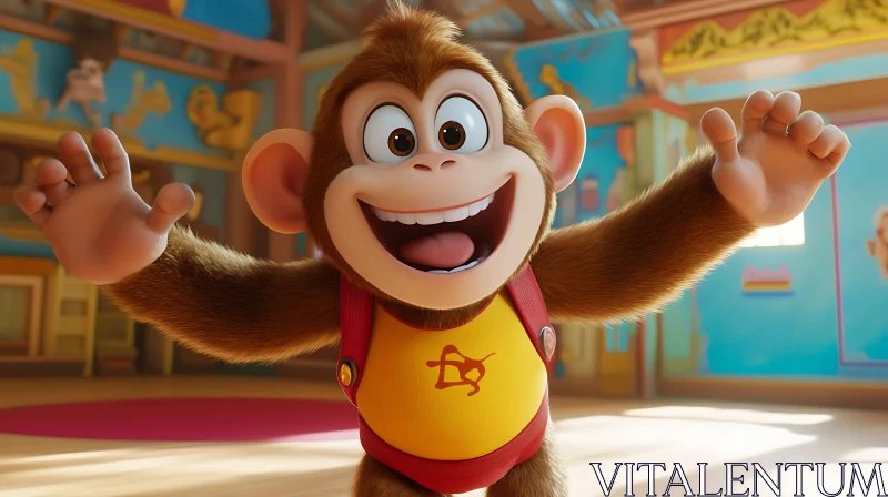 Happy Animated Monkey in a Bright Room AI Image