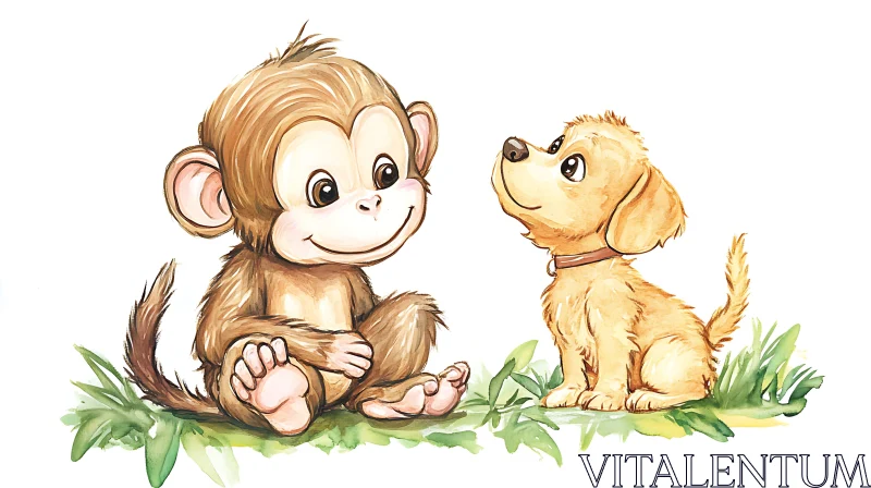 AI ART Cute Monkey and Puppy on the Grass