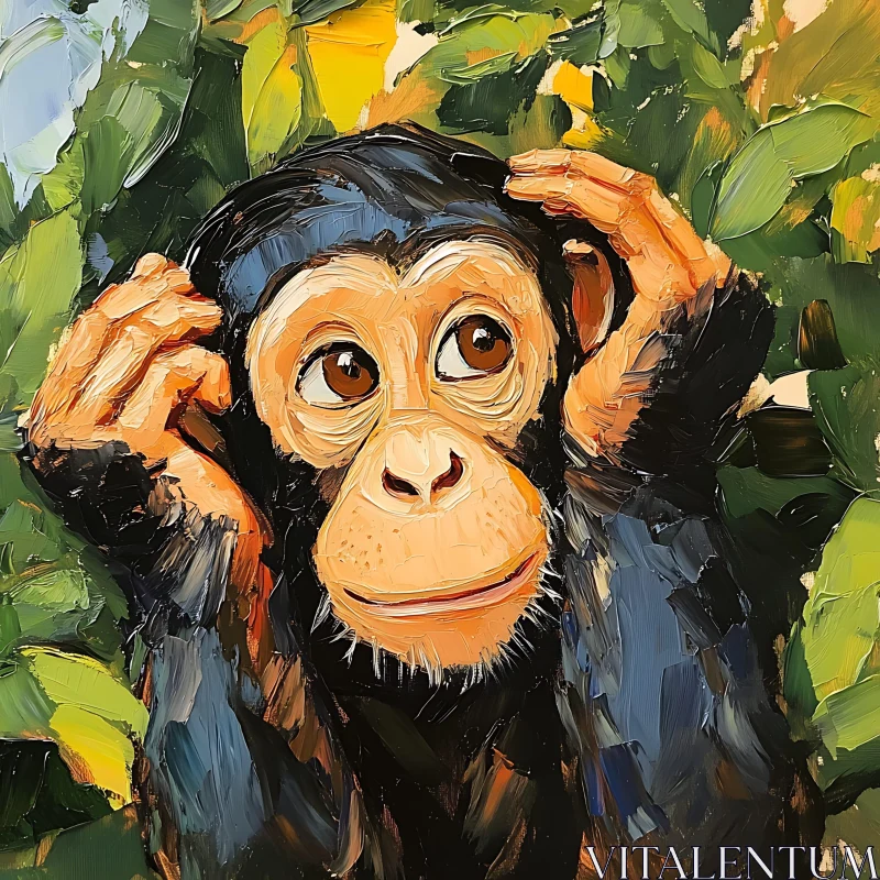 AI ART Vibrant Chimpanzee Portrait in Leafy Surroundings