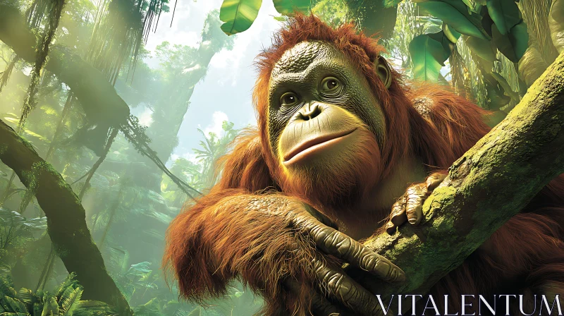 Tranquil Orangutan Amidst Dense Jungle AI Image