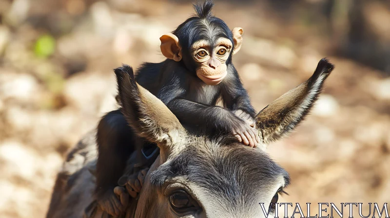 Playful Chimpanzee on Donkey's Head AI Image