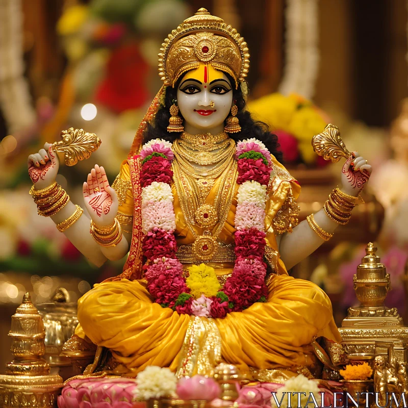 Divine Indian Goddess with Golden Attire and Floral Decorations AI Image