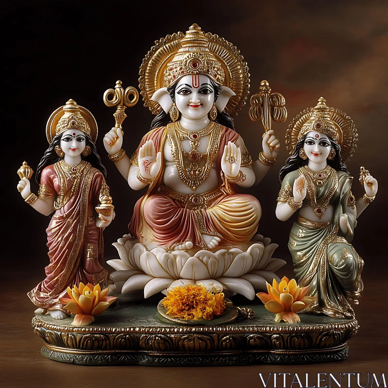 Ornate Hindu Deities Statue with Elephant God AI Image