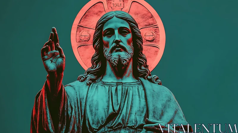 Teal and Red Representation of Holy Figure AI Image